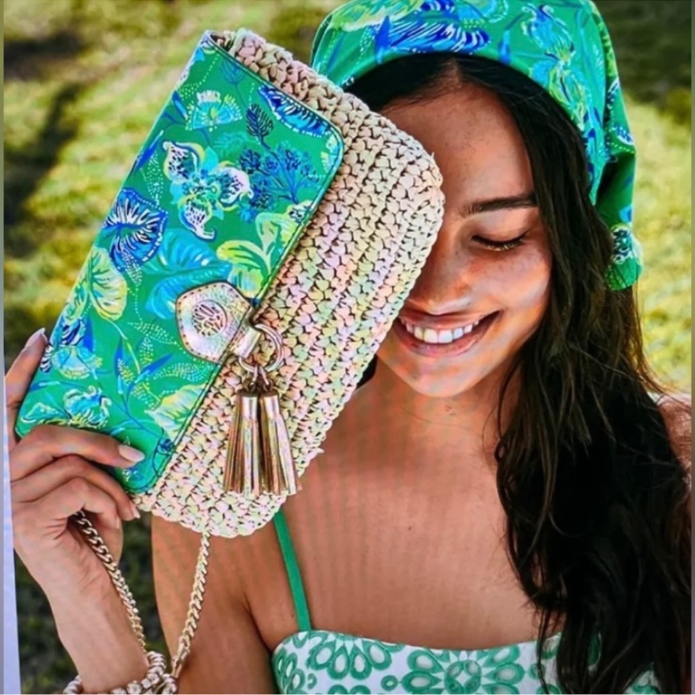 Lilly Pulitzer Green and Blue Botanical Green Straw Crossbody